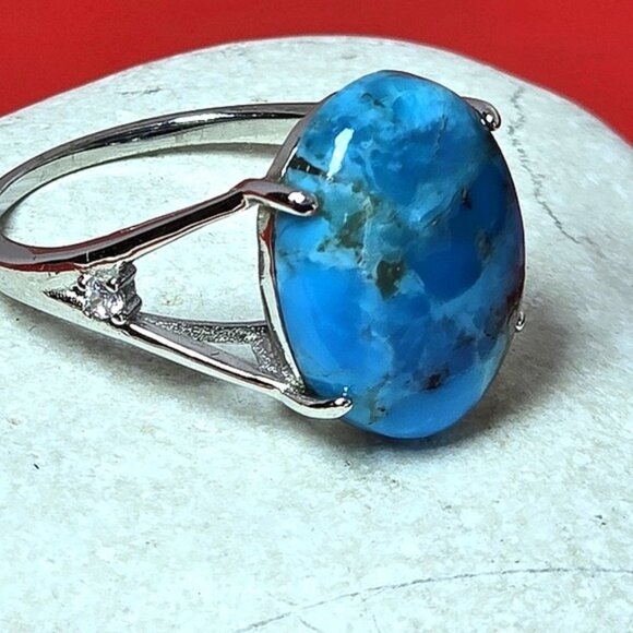 925 Sterling Silver Ring SZ 7 with Natural 12x15mm Turquoise Gemstone & CZ - Picture 9 of 12